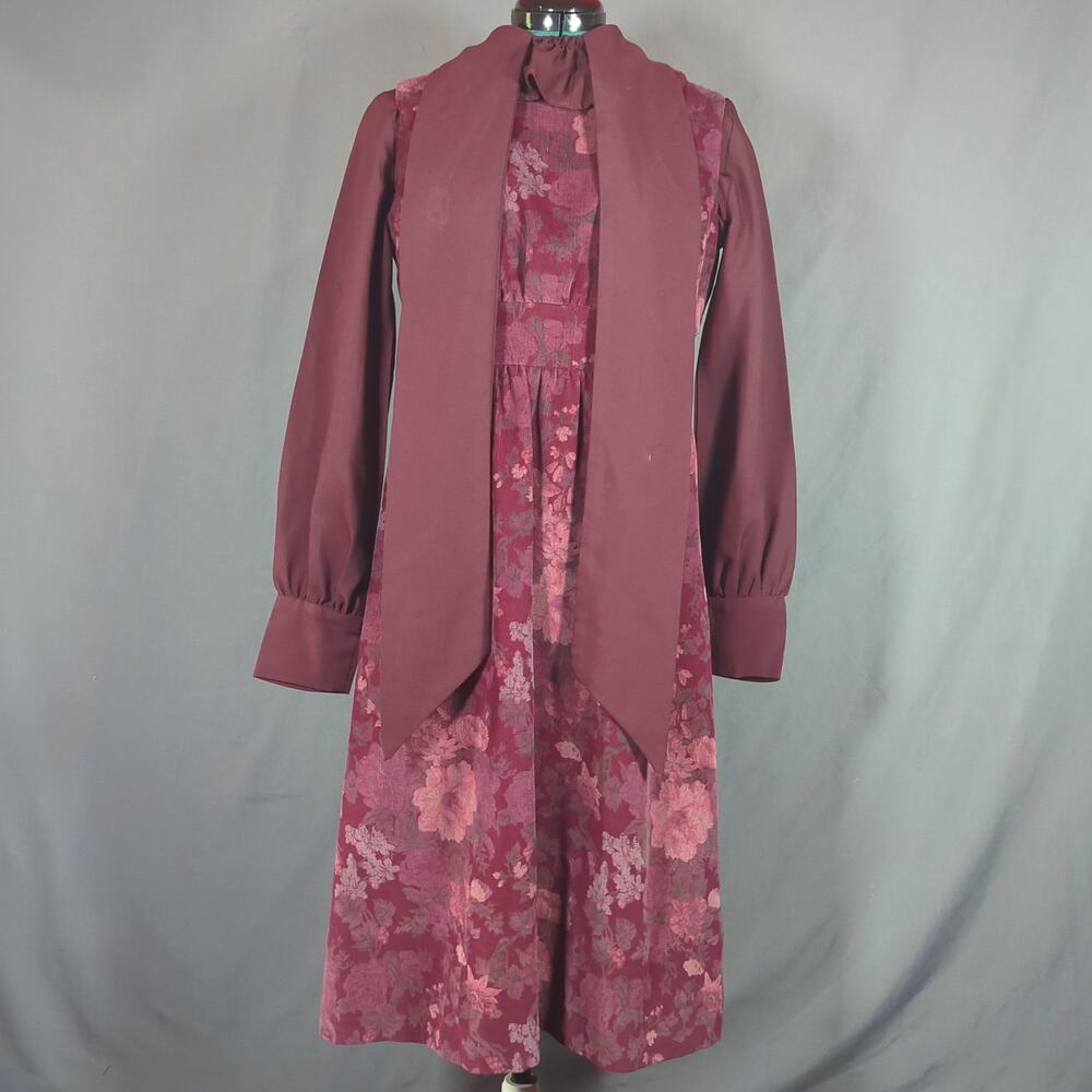 Floral Corduroy Dress 2 Piece Burgundy Overlay Retro Romantic Cottagecore